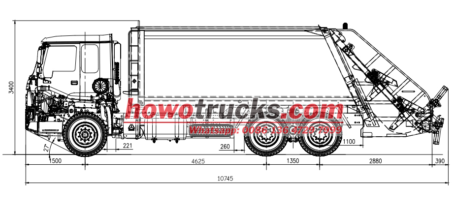Technical drawing of HOWO 6x4 20cbm waste compactor vehicle
